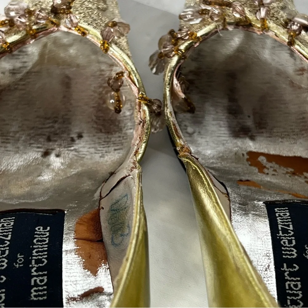 Vintage Stuart Weitzman For Martinique Leather Gold Pumps Bejeweled Size 7